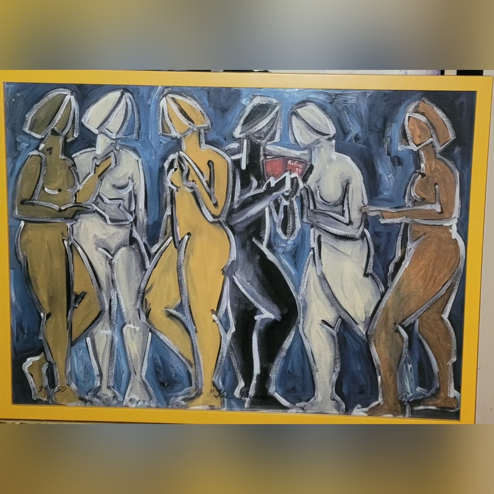 VINTAGE WATERCOLORS  Figurative Art WORK  in Blue, Yellow, and Black